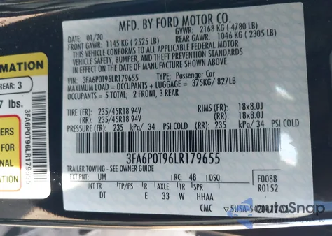 2020 Ford Fusion Se из США, поврежденный, VIN 3FA6P0T96LR179655